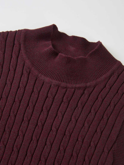 Mock Neck Cable Sleeveless Top - Burgundy
