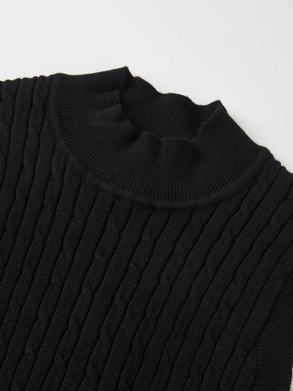 Mock Neck Cable Sleeveless Top - Black