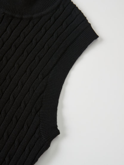 Mock Neck Cable Sleeveless Top - Black