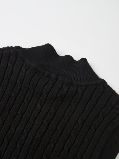 Mock Neck Cable Sleeveless Top - Black