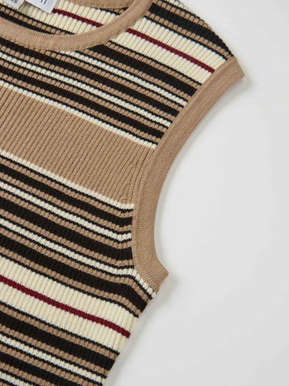 Sleeveless Ribbed Knit Sweater - Camel/Black Stripe