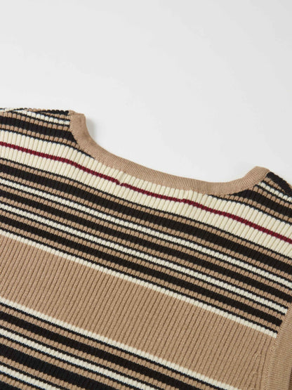 Sleeveless Ribbed Knit Sweater - Camel/Black Stripe
