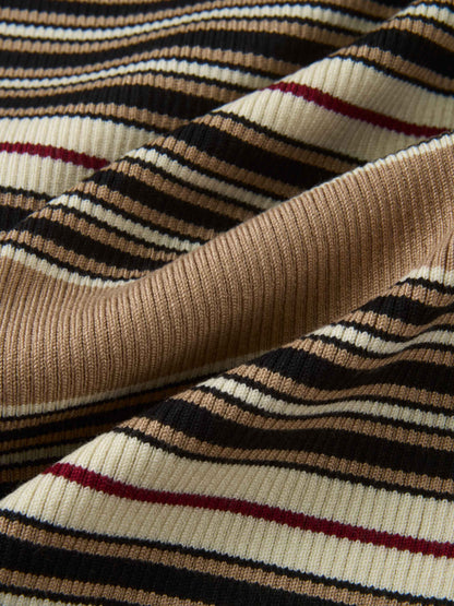 Sleeveless Ribbed Knit Sweater - Camel/Black Stripe