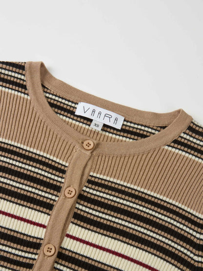 Ribbed Crew Knit Cardigan - Camel/Black Stripe