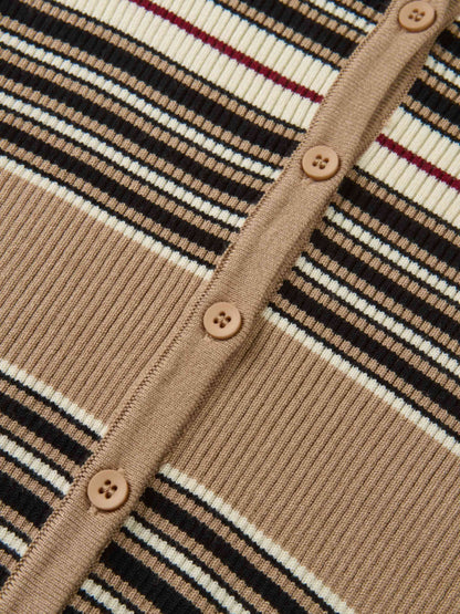 Ribbed Crew Knit Cardigan - Camel/Black Stripe