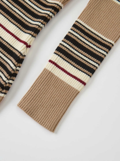 Ribbed Crew Knit Cardigan - Camel/Black Stripe