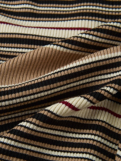 Ribbed Crew Knit Cardigan - Camel/Black Stripe