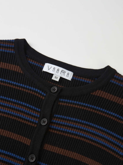 Ribbed Crew Knit Cardigan - Black/Brown Stripe