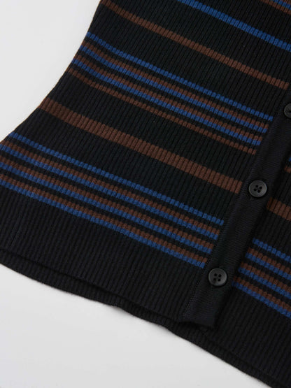 Ribbed Crew Knit Cardigan - Black/Brown Stripe