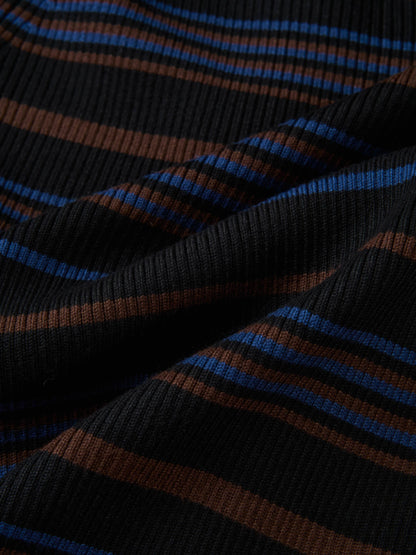 Ribbed Crew Knit Cardigan - Black/Brown Stripe