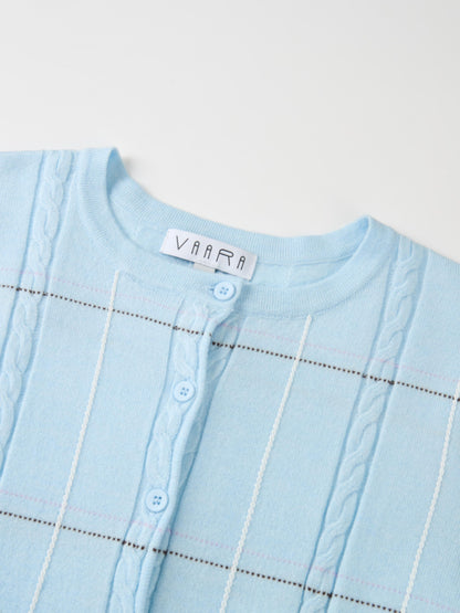 Soft Knit Button Down Crew Sweater - Light Blue