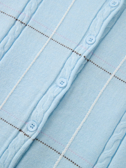 Soft Knit Button Down Crew Sweater - Light Blue