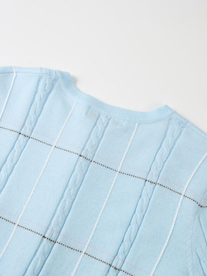 Soft Knit Button Down Crew Sweater - Light Blue