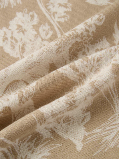 Printed High V Lightweigh Sweater - Tan Cream Toille