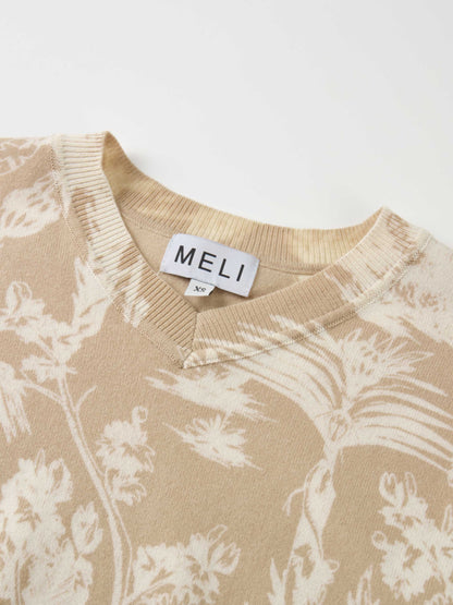 Printed High V Lightweigh Sweater - Tan Cream Toille