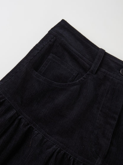 Yoke Gathered Curduroy Skirt - Navy