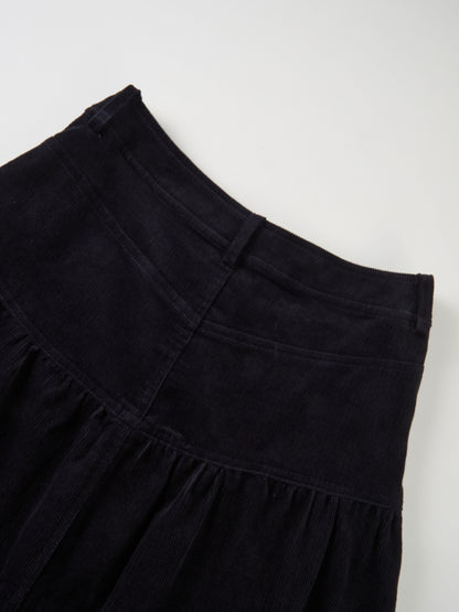 Yoke Gathered Curduroy Skirt - Navy