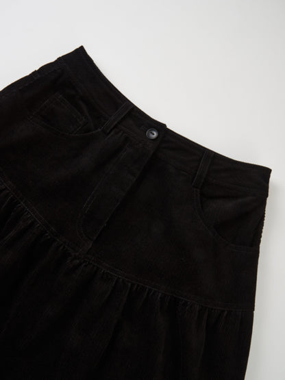 Yoke Gathered Curduroy Skirt - Black