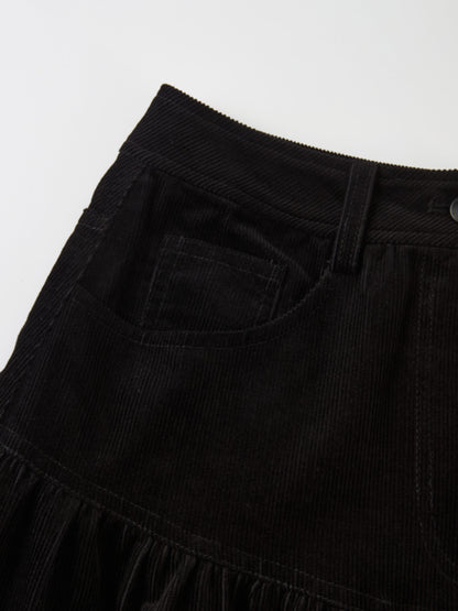Yoke Gathered Curduroy Skirt - Black