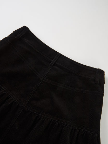 Yoke Gathered Curduroy Skirt - Black