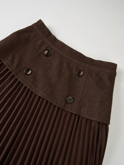 Button Panel Pleated Skirt - Brown