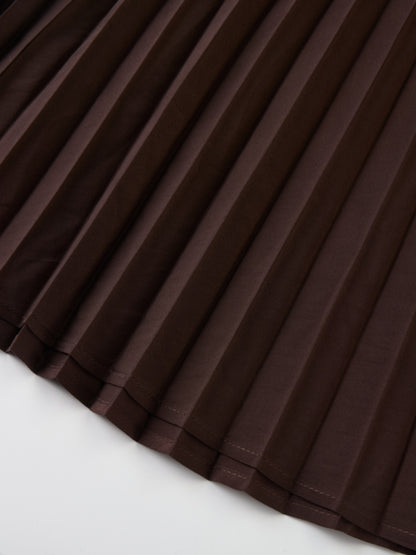 Button Panel Pleated Skirt - Brown