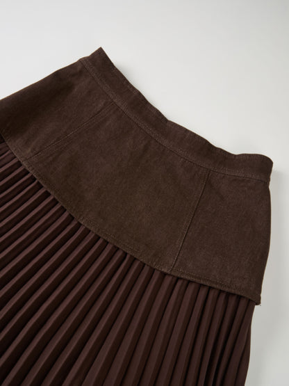 Button Panel Pleated Skirt - Brown