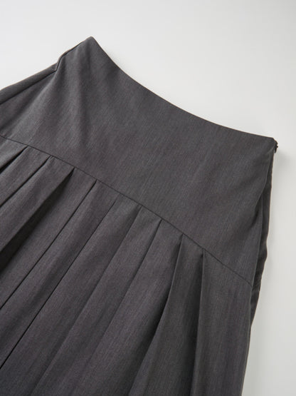 Curved Yoke Fringe Bottom Pleat Skirt LONG- Grey