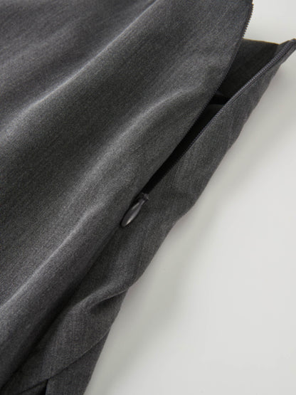 Curved Yoke Fringe Bottom Pleat Skirt LONG- Grey