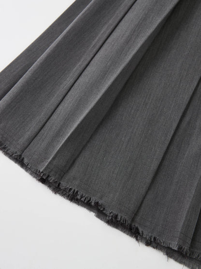 Curved Yoke Fringe Bottom Pleat Skirt LONG- Grey