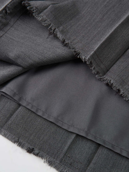Curved Yoke Fringe Bottom Pleat Skirt LONG- Grey