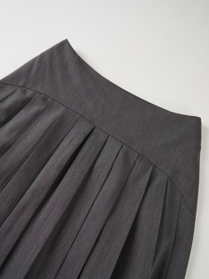 Curved Yoke Fringe Bottom Pleat Skirt LONG- Grey