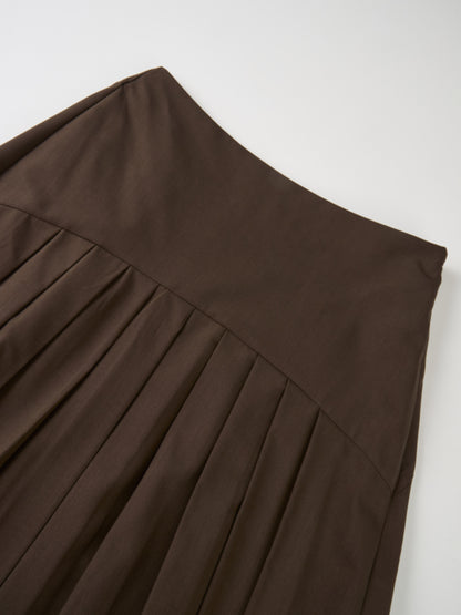 Curved Yoke Fringe Bottom Pleat Skirt LONG- Brown