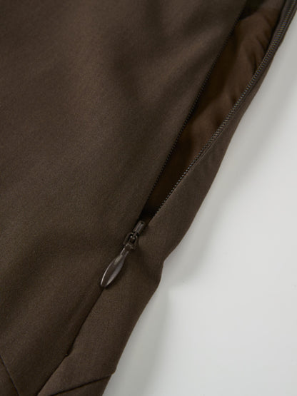 Curved Yoke Fringe Bottom Pleat Skirt LONG- Brown