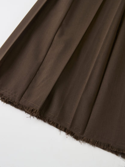 Curved Yoke Fringe Bottom Pleat Skirt LONG- Brown