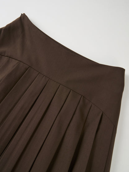 Curved Yoke Fringe Bottom Pleat Skirt LONG- Brown