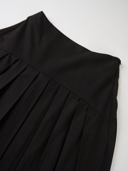 Curved Yoke Fringe Bottom Pleat Skirt LONG - Black