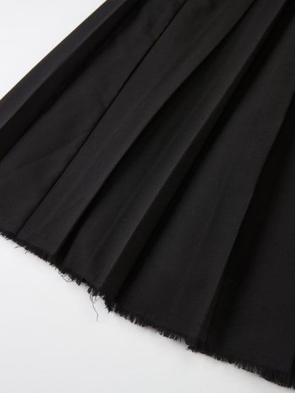 Curved Yoke Fringe Bottom Pleat Skirt LONG - Black