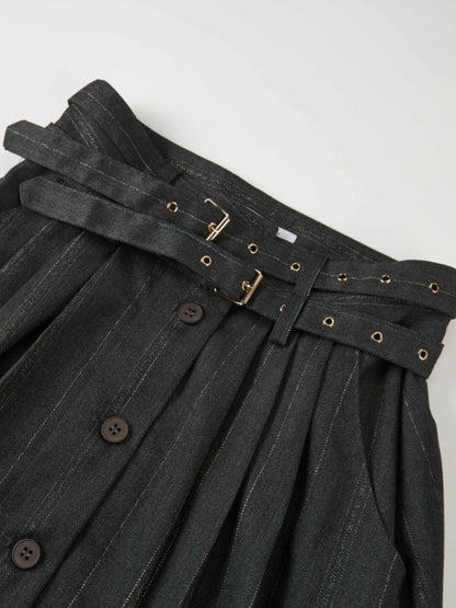 Double Buckle Full Maxi Skirt - Grey Pinstripe