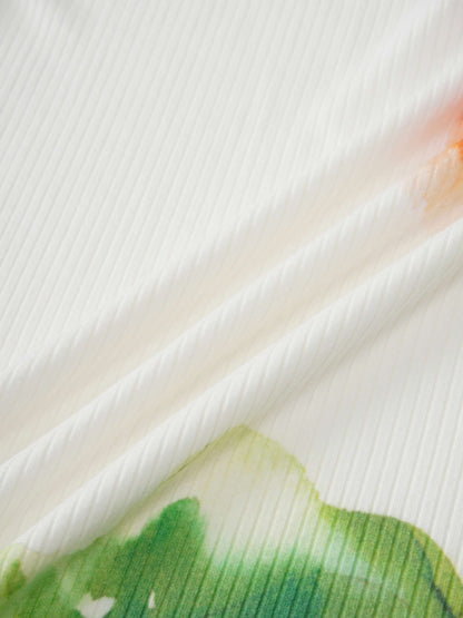 Printed Ribbed T-Shirts-White Flower Pop