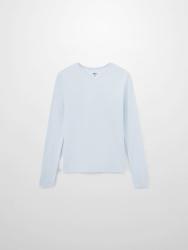 Soft Ribbed High V Tee-Light Blue