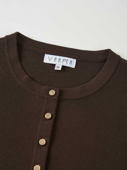 Gold Button Crop Cardigan - Brown