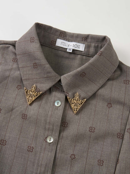Printed Collar Detail Blouse - Grey