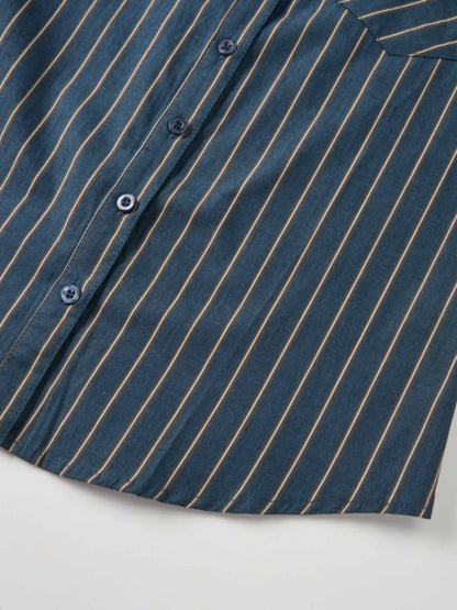 Pocket Button Down Blouse - Denim Blue Stripe