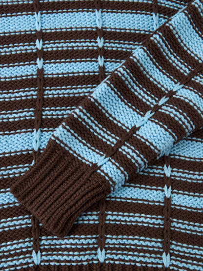 Overstitch Detail Striped Sweater - Brown/Light Blue