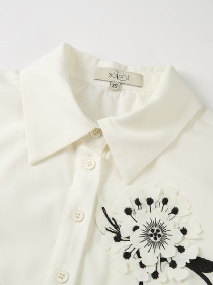 Floral Applique Blouse - Cream/Black