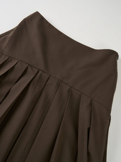 Curved Yoke Fringe Bottom Pleat Skirt SHORT- Brown