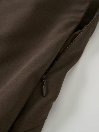 Curved Yoke Fringe Bottom Pleat Skirt SHORT- Brown
