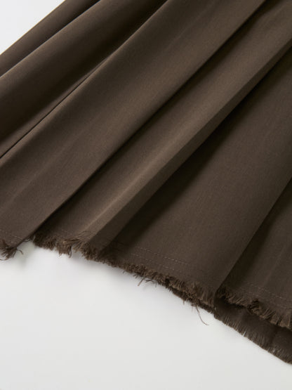 Curved Yoke Fringe Bottom Pleat Skirt SHORT- Brown