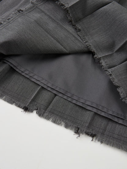 Curved Yoke Fringe Bottom Pleat Skirt SHORT- Grey